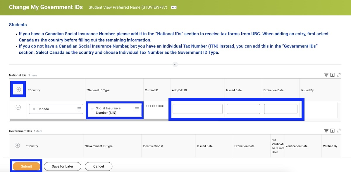 Adding your Social Insurance Number (SIN) or International Tax Number ...