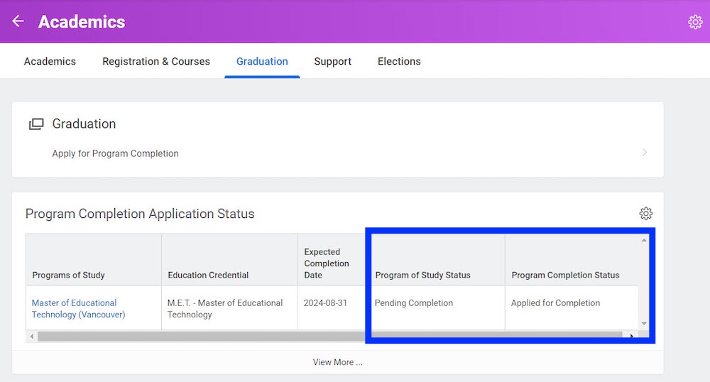 Viewing your Graduation Application or Program Completion Status